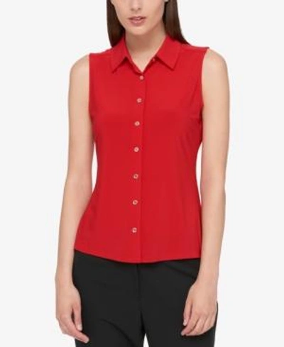 Shop Tommy Hilfiger Sleeveless Button-up Shirt In Scarlet