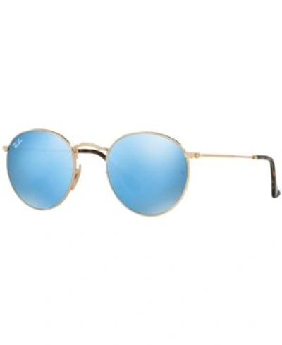 Shop Ray Ban Ray-ban Sunglasses, Rb3447n Round Flat Lenses In Gold Shiny/blue Mirror