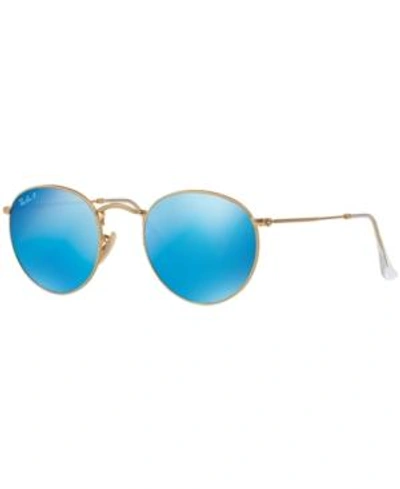 Shop Ray Ban Ray-ban Polarized Sunglasses, Rb3447 Round Flash Lenses In Gold Matte/blue Mirror Polar