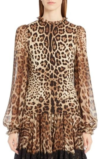 Dolce & Gabbana Leopard-print Sheer-sleeve Blouse, Brown/black Leopard In Leopard