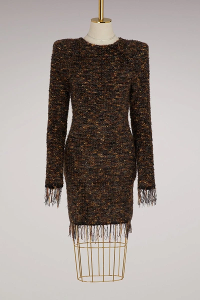 Shop Balmain Fringed Tweed Short Dress In Brun/caramel C6036