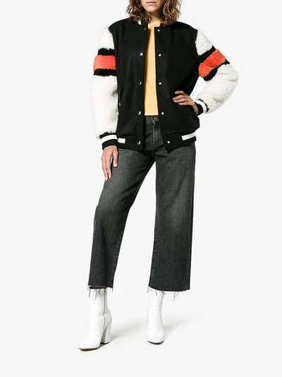 Shop Msgm Bomber Jacket With Shearling Sleeves In Black
