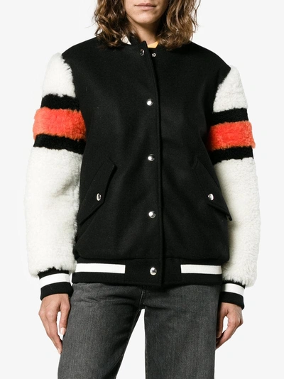 Shop Msgm Bomber Jacket With Shearling Sleeves In Black