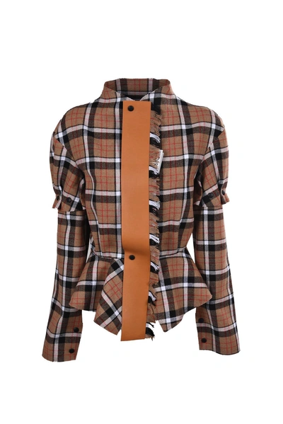 Shop Loewe Check Jacket With Leather Tie In Beige-brown