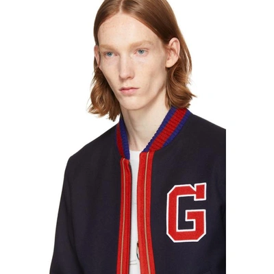Shop Gucci Navy Wool Bomber Jacket