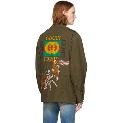 Shop Gucci Green Dragon Logo Coated Parka