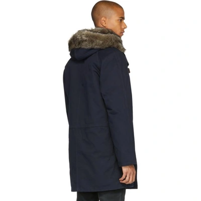 Shop Yves Salomon Navy Shearling-lined Long Parka In Navy/ Print Fur B025