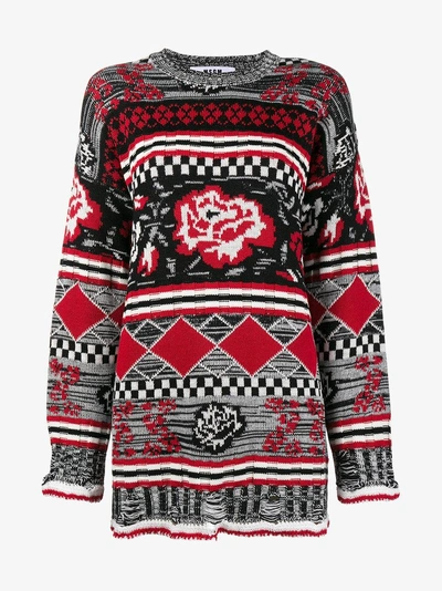 Shop Msgm Rose Pattern Oversized Sweater In Red