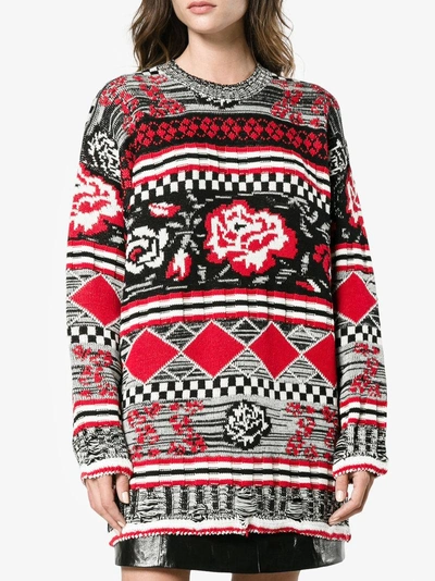 Shop Msgm Rose Pattern Oversized Sweater In Red