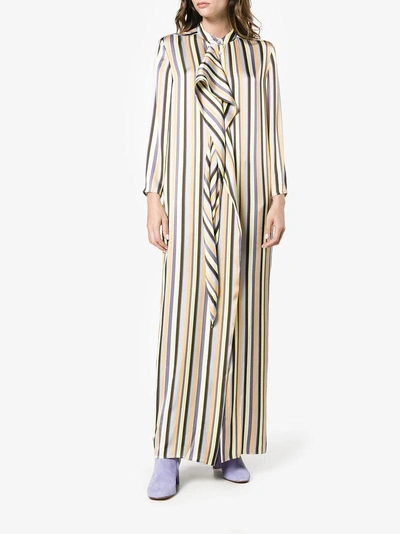 Shop Acne Studios Long Ruffle Neck Striped Dress In Multicolour