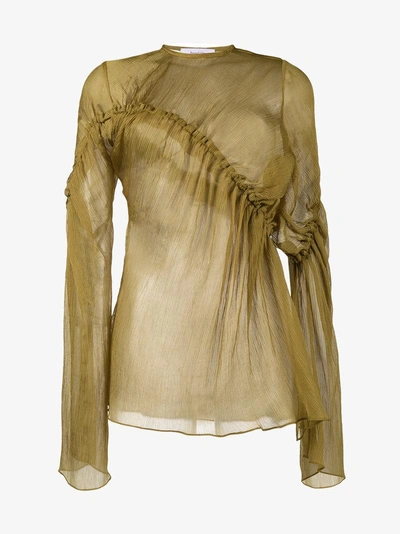 Shop Beaufille Asymmetric Ruched Chiffon Blouse In Yellow/orange