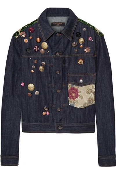Shop Dolce & Gabbana Flocked Jacquard-trimmed Embellished Denim Jacket