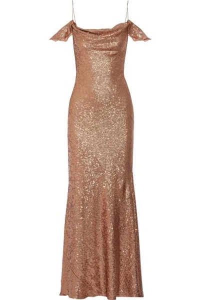 Shop Rachel Zoe Cecilia Cold-shoulder Sequined Stretch-cady Gown In Copper