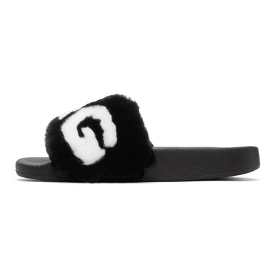 Shop Dolce & Gabbana Black & White Fur Logo Slides