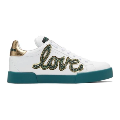 Shop Dolce & Gabbana White Glitter Love Patch Sneakers