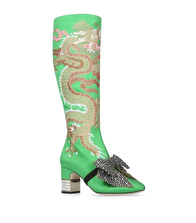 Gucci Ladies Green Candy Dragon Embroidered Satin Knee-high Boots | ModeSens