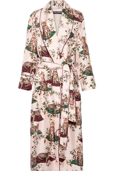 Shop Dolce & Gabbana Printed Silk-blend Twill Robe In Pastel Pink