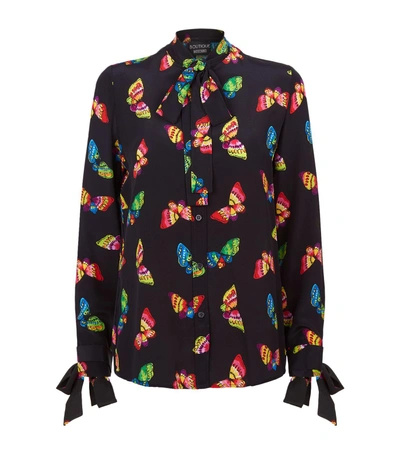 Shop Boutique Moschino Butterfly Print Silk Pussybow Blouse In Black