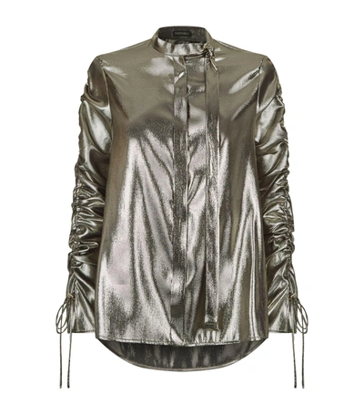 Shop Versace Metallic Ruched Sleeve Blouse In Gold