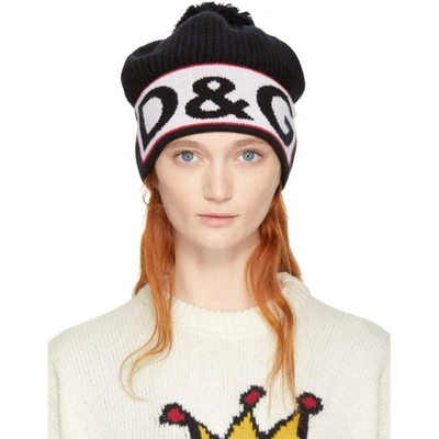 Shop Dolce & Gabbana Black Logo Pom Pom Beanie