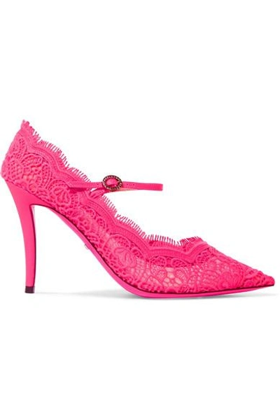 Shop Gucci Virginia Crystal-embellished Corded Lace Mary Jane Pumps In Fuchsia