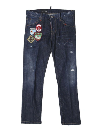 Shop Dsquared2 Patched Cotton Jeans In Blue