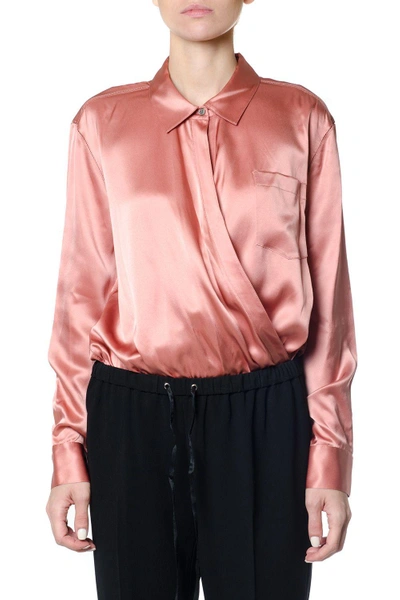 Shop Alexander Wang Silk Charmeuse Long Sleeve Wrap Shirt Bodysuit In Antique Pink