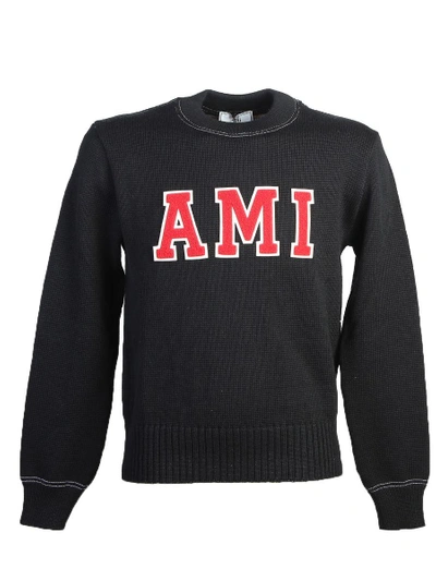 Shop Ami Alexandre Mattiussi Embroidered Logo Merino Wool Knit Sweater In Black