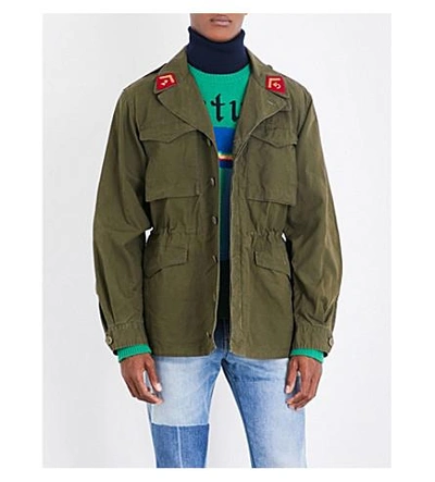 Shop Gucci Embroidered Cotton-drill Military Jacket In Khaki