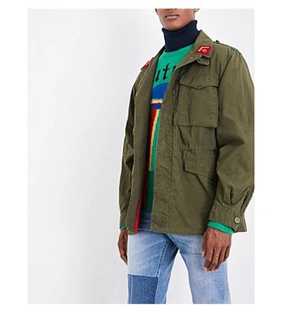 Shop Gucci Embroidered Cotton-drill Military Jacket In Khaki