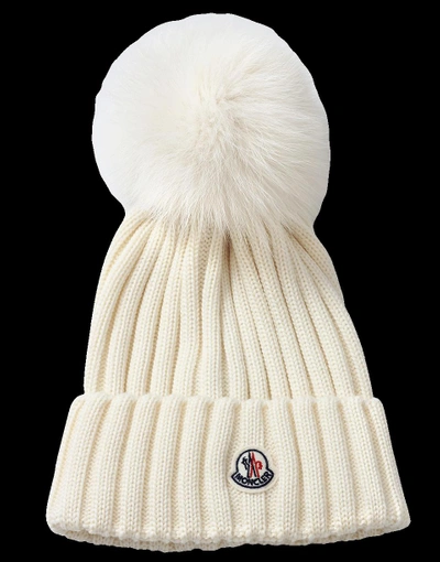 Shop Moncler Pom Pom Ribbed Knit Beanie In White