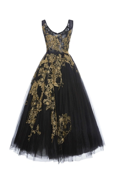 Shop Marchesa Gold Embroidered Tulle Gown In Black