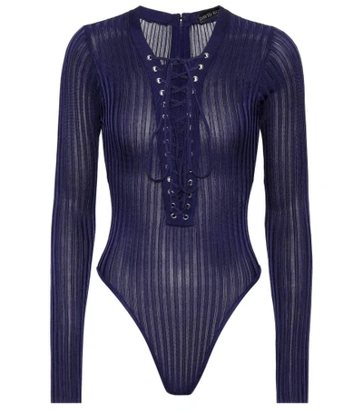 Shop David Koma Lace-up Knit Bodysuit In Blue