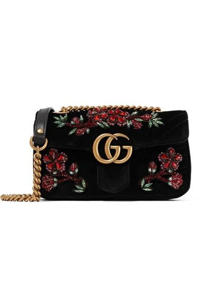 Shop Gucci Gg Marmont Small Crystal-embellished Velvet Shoulder Bag
