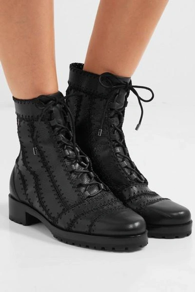 Shop Alexandre Birman Regina Combat Crochet-trimmed Textured-leather Ankle Boots