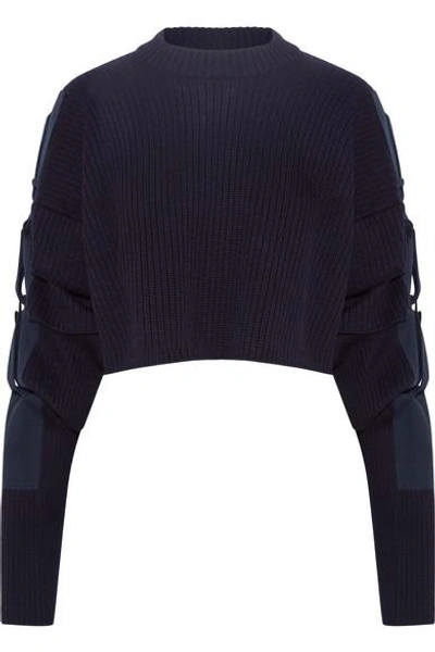 Shop Y/project Cropped Cotton Canvas-trimmed Wool Sweater In Navy
