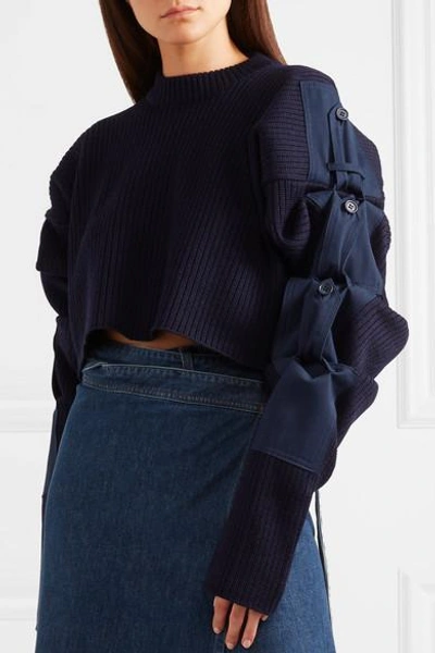 Shop Y/project Cropped Cotton Canvas-trimmed Wool Sweater In Navy