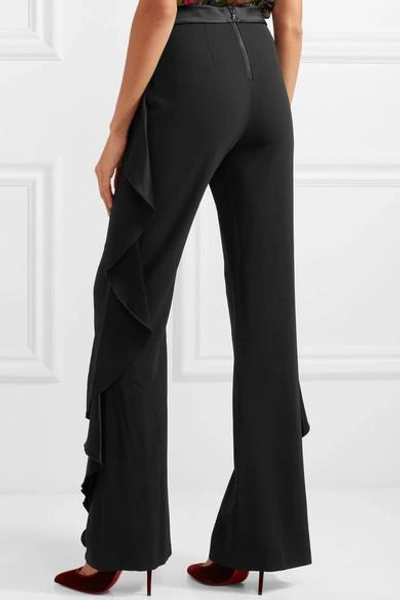 Shop Alice And Olivia Wallace Satin Ruffled-trimmed Crepe Wide-leg Pants In Black