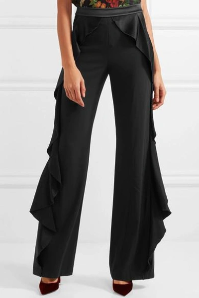 Shop Alice And Olivia Wallace Satin Ruffled-trimmed Crepe Wide-leg Pants In Black