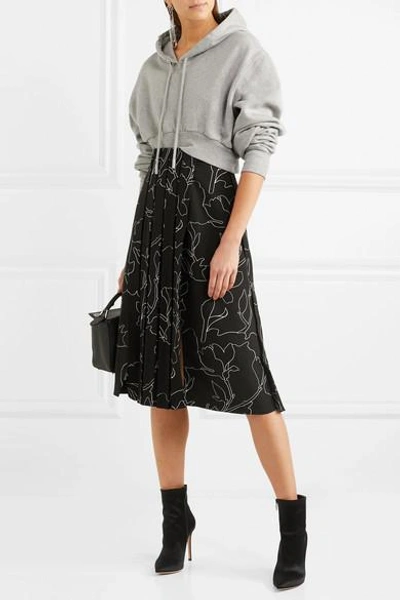Shop Carven Pleated Printed Crepe Midi Skirt In Black
