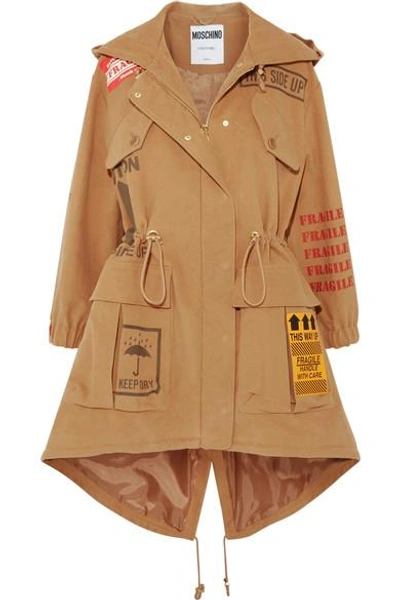 Shop Moschino Appliquéd Printed Brushed-cotton Hooded Parka