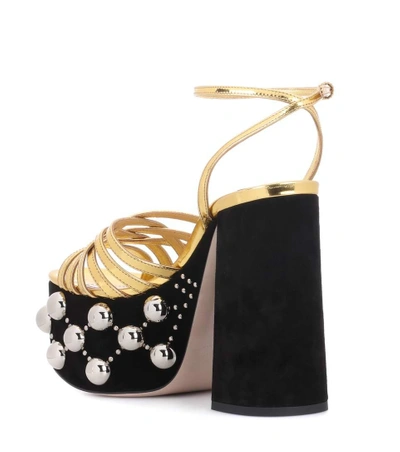 Shop Miu Miu Embellished Leather Sandals In Gold