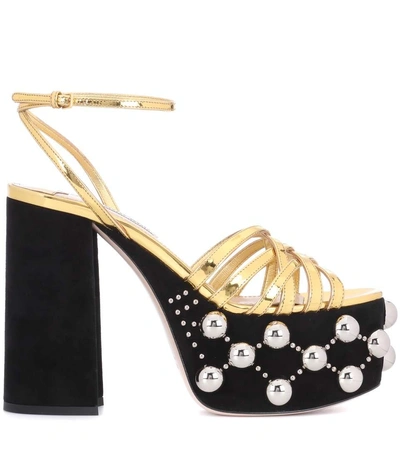 Shop Miu Miu Embellished Leather Sandals In Gold