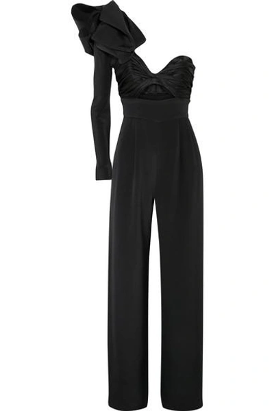 Shop Johanna Ortiz Love Spell One-shoulder Cutout Silk-faille And Satin Jumpsuit In Black