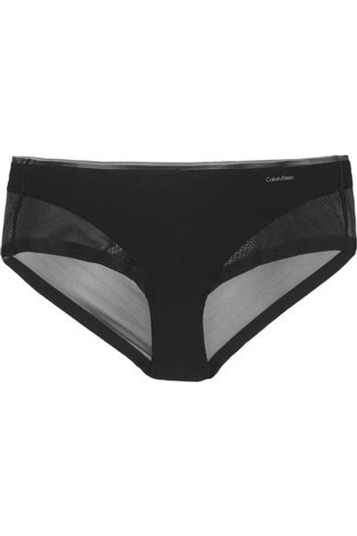Shop Calvin Klein Underwear Stretch-tulle And Satin-jersey Briefs In Black