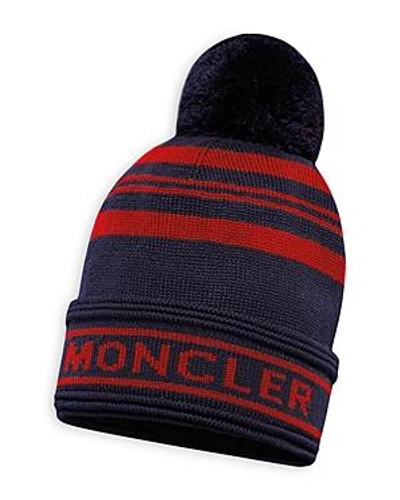 Shop Moncler Logo Knit Pom-pom Hat In Navy