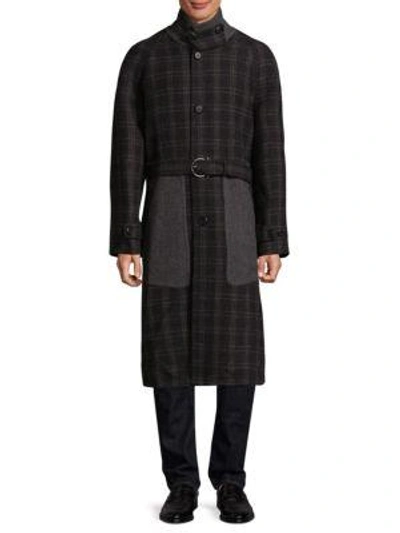Shop Ferragamo Plaid Wool Belted Long Coat In Charcoal Black