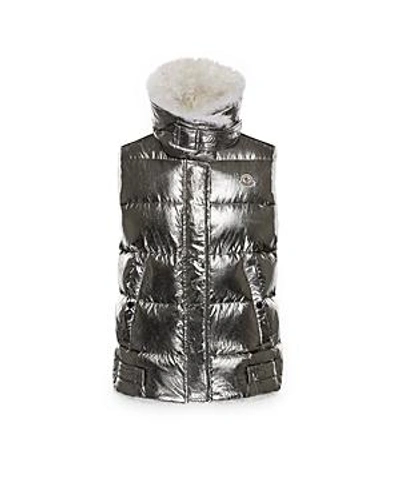 Shop Moncler Kerria Metallic Shearling-lined Down Vest In Silver