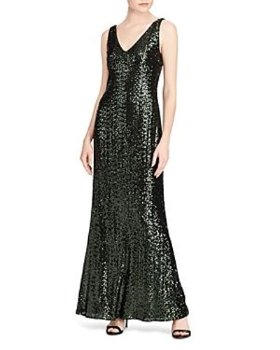 Shop Ralph Lauren Lauren  Sequin V-neck Gown In Black/absinthe Shine