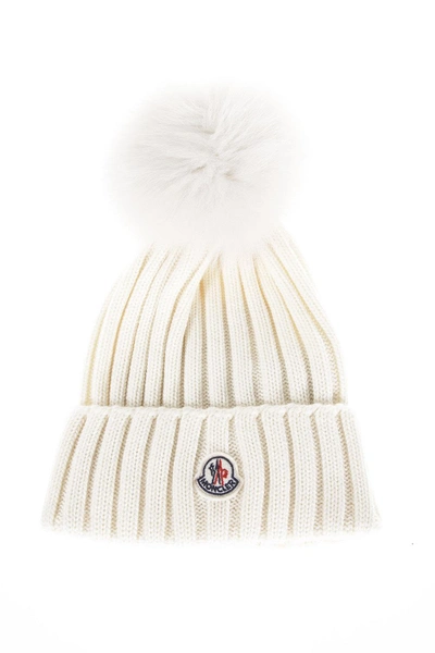Shop Moncler Wool Beanie Hat With Fur Pompom In Off White